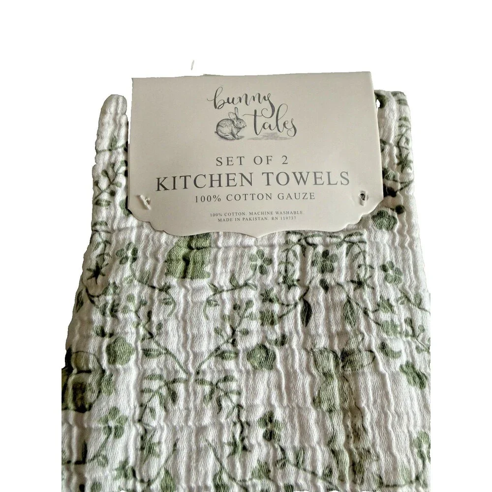 Bunny Tails Set Of 2 Green Bunny Floral Kitchen Dish Towels 100% Cotton Gauze